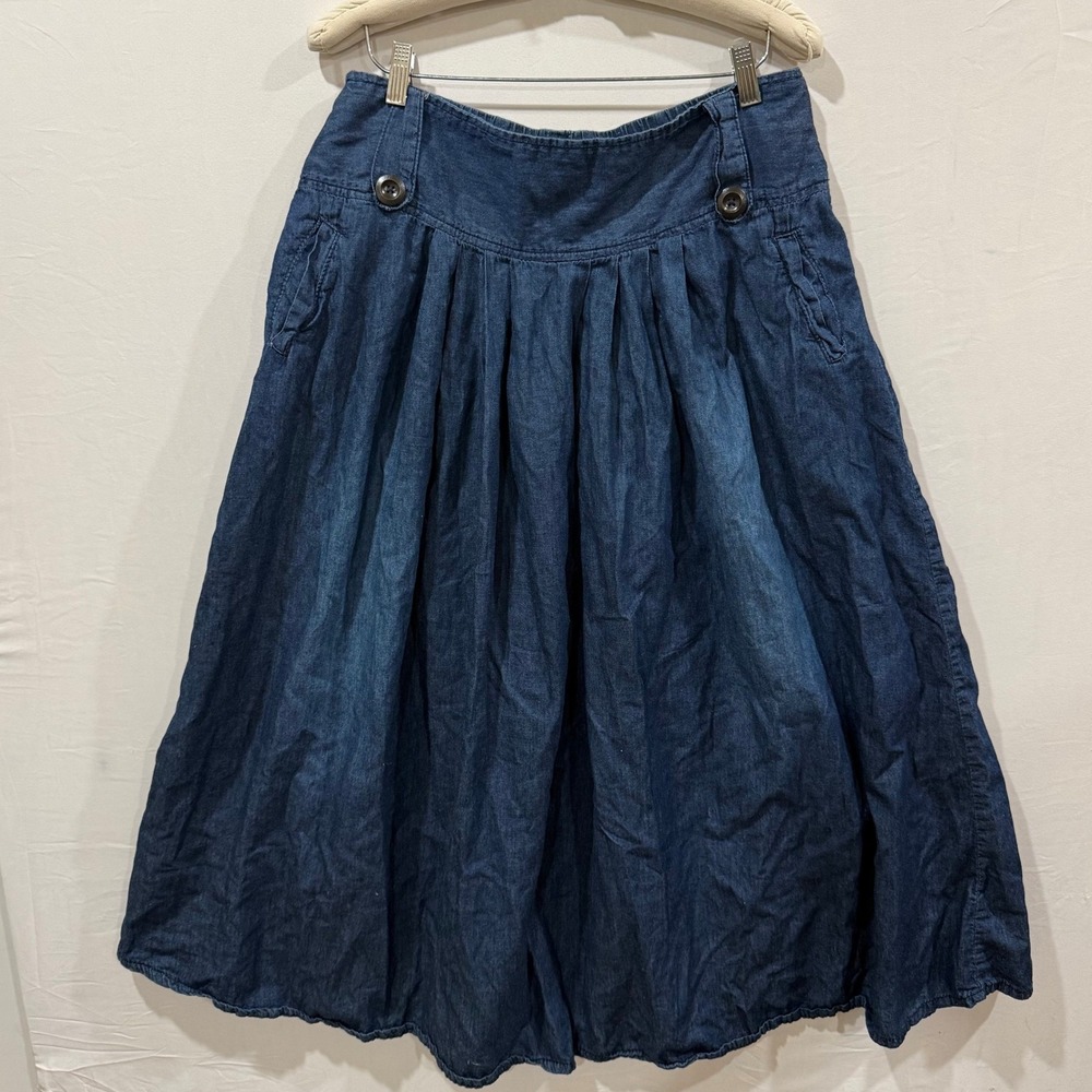 Jeans Dark Wash Denim Midi Skirt Blue Pleated A-Line Side Pockets Womens